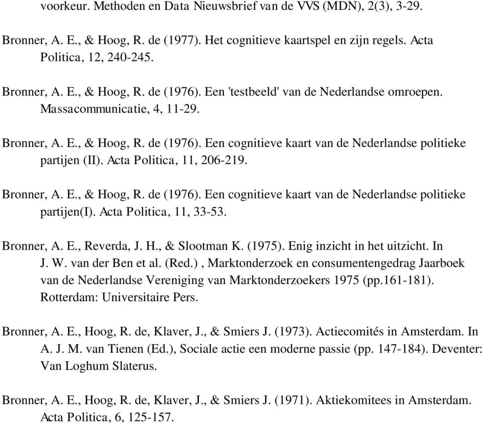 Acta Politica, 11, 206-219. Bronner, A. E., & Hoog, R. de (1976). Een cognitieve kaart van de Nederlandse politieke partijen(i). Acta Politica, 11, 33-53. Bronner, A. E., Reverda, J. H., & Slootman K.