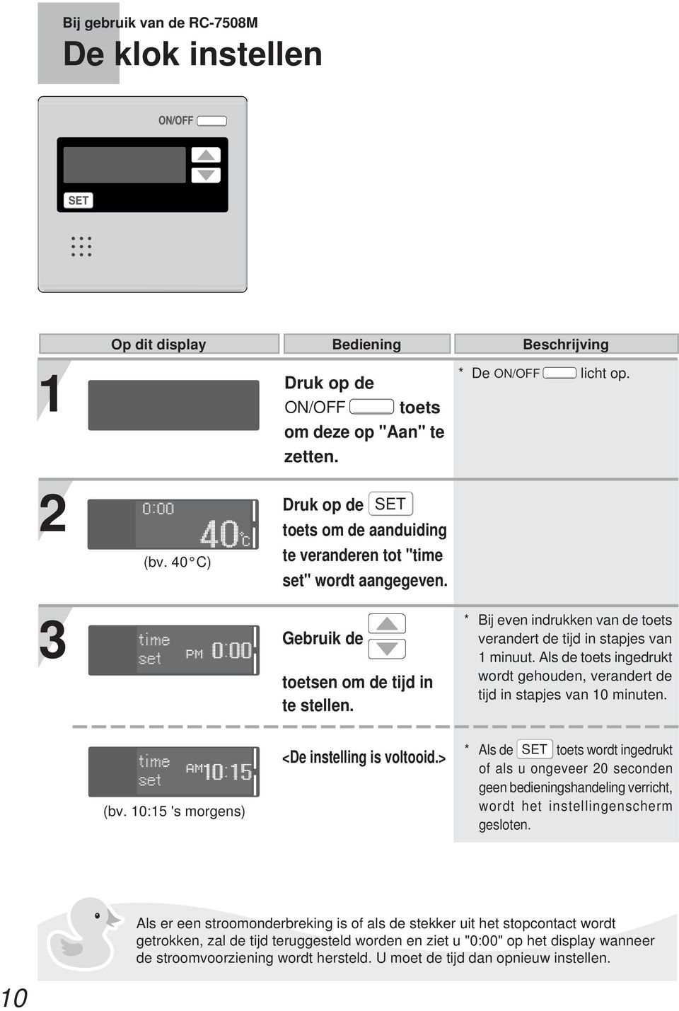 * Bij even indrukken van de toets verandert de tijd in stapjes van 1 minuut. Als de toets ingedrukt wordt gehouden, verandert de tijd in stapjes van 10 minuten. (bv.