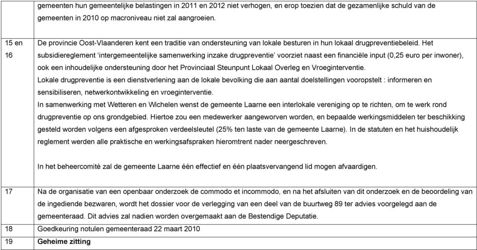 Het subsidiereglement intergemeentelijke samenwerking inzake drugpreventie voorziet naast een financiële input (0,25 euro per inwoner), ook een inhoudelijke ondersteuning door het Provinciaal