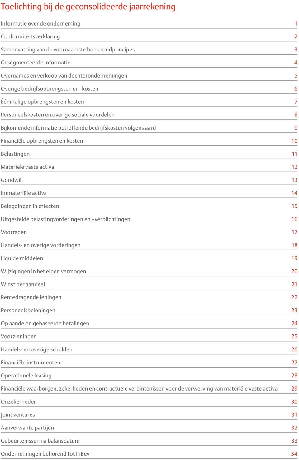 bedrijfskosten volgens aard 9 Financiële opbrengsten en kosten 10 Belastingen 11 Materiële vaste activa 12 Goodwill 13 Immateriële activa 14 Beleggingen in effecten 15 Uitgestelde