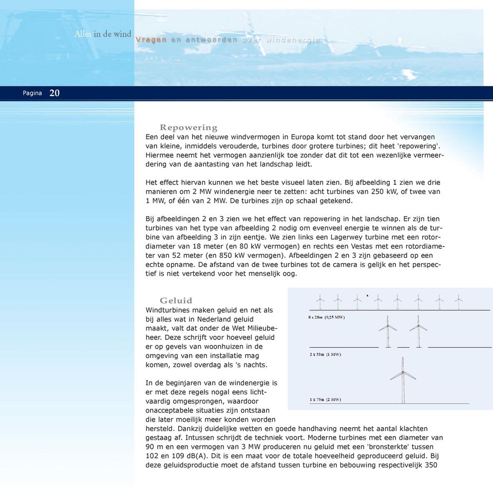 Bij afbeelding 1 zien we drie manieren om 2 MW windenergie neer te zetten: acht turbines van 250 kw, of twee van 1 MW, of één van 2 MW. De turbines zijn op schaal getekend.