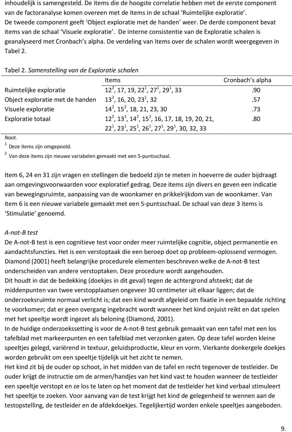 De interne consistentie van de Exploratie schalen is geanalyseerd met Cronbach s alpha. De verdeling van items over de schalen wordt weergegeven in Tabel 2.