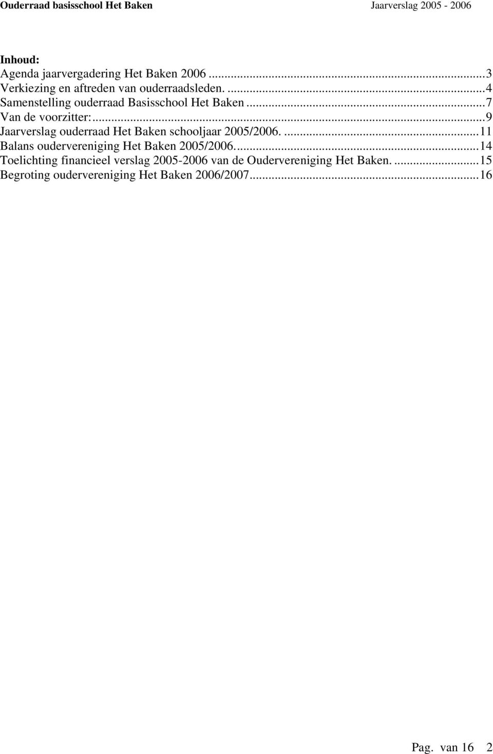 ..9 Jaarverslag ouderraad Het Baken schooljaar 2005/2006....11 Balans oudervereniging Het Baken 2005/2006.