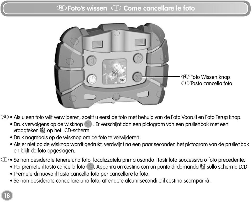 Als er niet op de wisknop wordt gedrukt, verdwijnt na een paar seconden het pictogram van de prullenbak en blijft de foto opgeslagen.