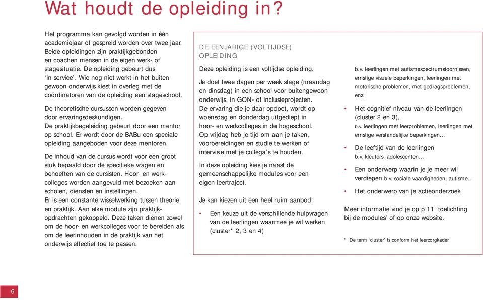 Wie nog niet werkt in het buitengewoon onderwijs kiest in overleg met de coördinatoren van de opleiding een stageschool. De theoretische cursussen worden gegeven door ervaringsdeskundigen.