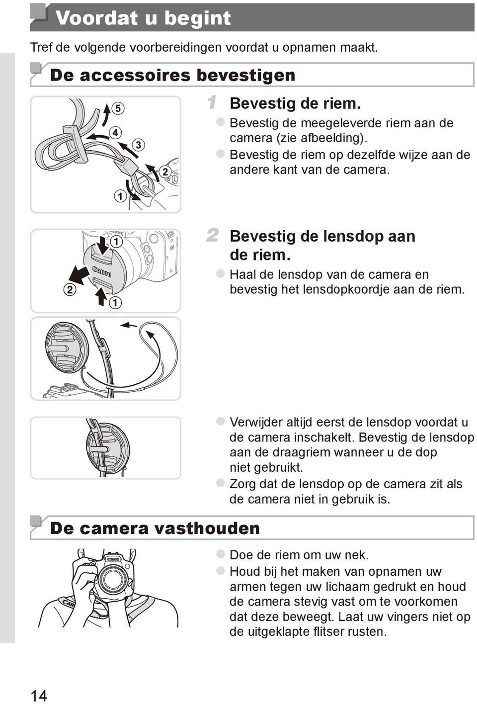 De camera vasthouden zverwijder altijd eerst de lensdop voordat u de camera inschakelt. Bevestig de lensdop aan de draagriem wanneer u de dop niet gebruikt.