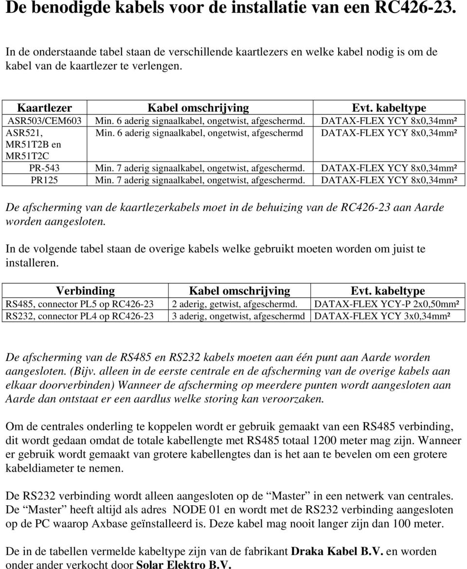 6 aderig signaalkabel, ongetwist, afgeschermd DATAX-FLEX YCY 8x0,34mm² MR51T2B en MR51T2C PR-543 Min. 7 aderig signaalkabel, ongetwist, afgeschermd. DATAX-FLEX YCY 8x0,34mm² PR125 Min.