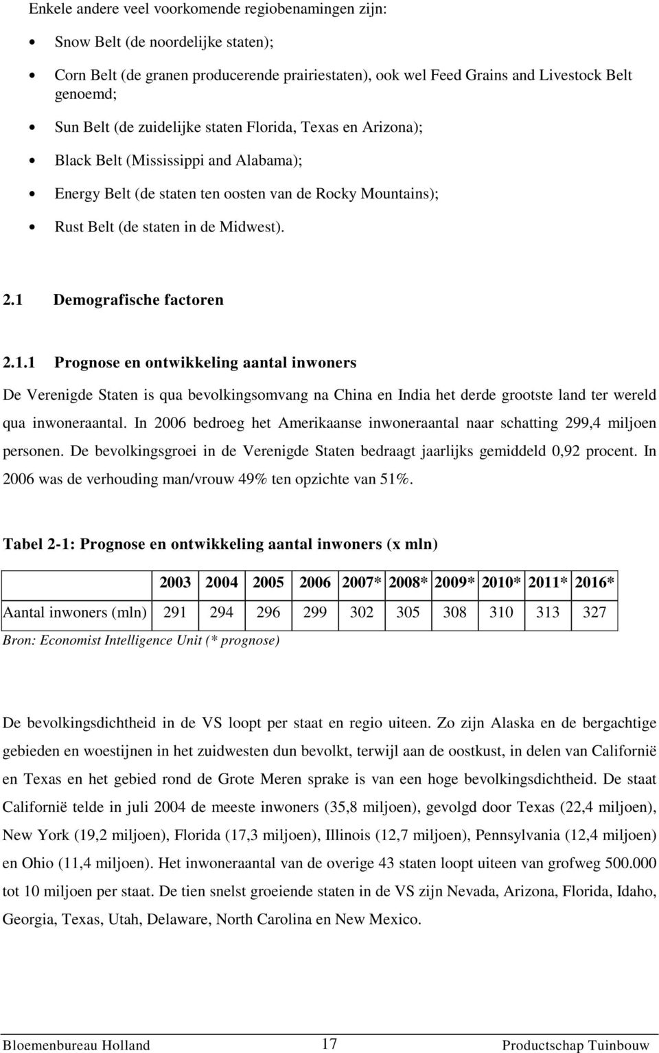 1 Demografische factoren 2.1.1 Prognose en ontwikkeling aantal inwoners De Verenigde Staten is qua bevolkingsomvang na China en India het derde grootste land ter wereld qua inwoneraantal.