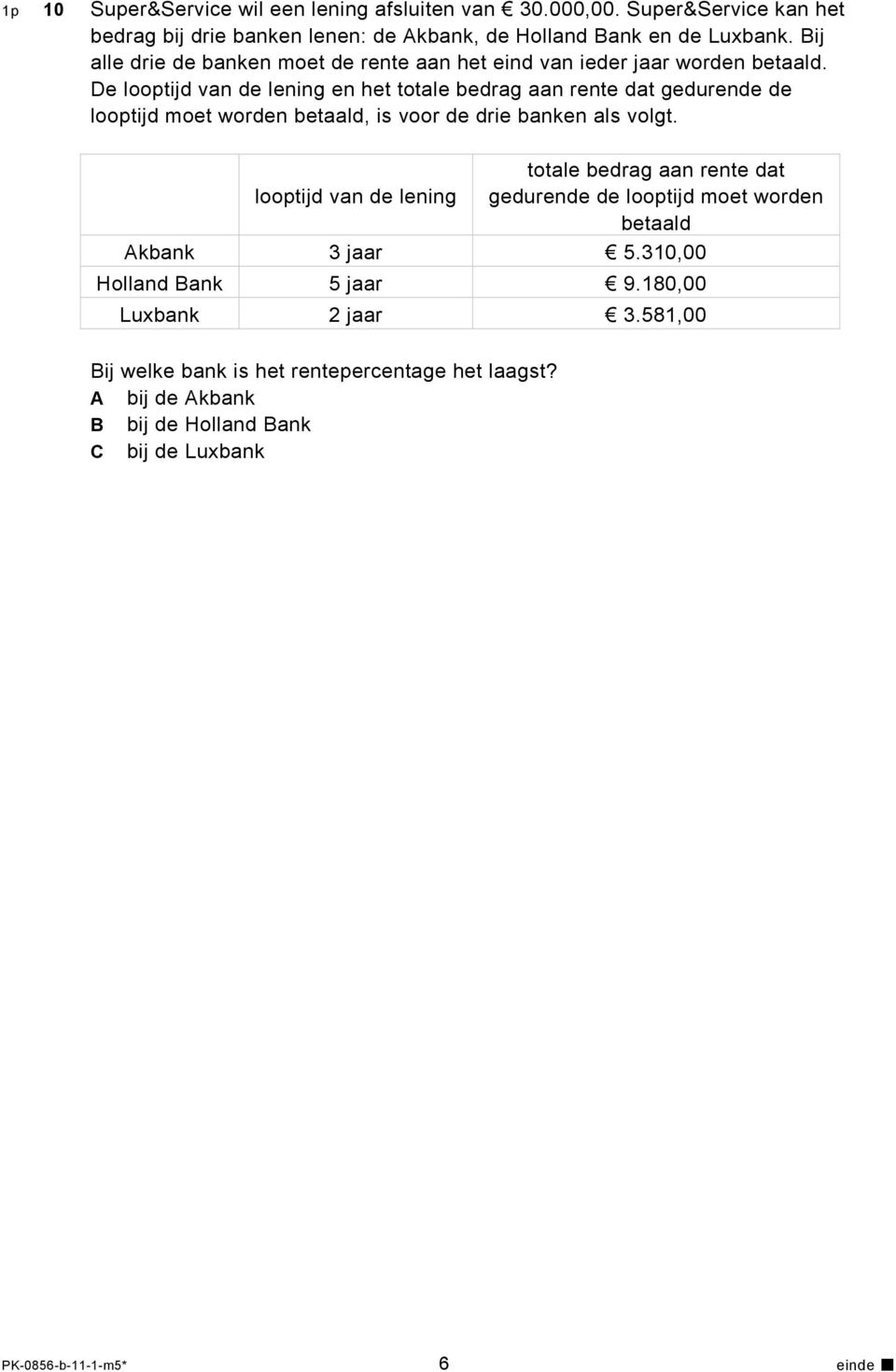 De looptijd van de lening en het totale bedrag aan rente dat gedurende de looptijd moet worden betaald, is voor de drie banken als volgt.