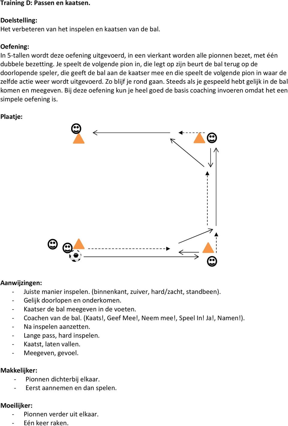 uitgevoerd. Zo blijf je rond gaan. Steeds als je gespeeld hebt gelijk in de bal komen en meegeven. Bij deze oefening kun je heel goed de basis coaching invoeren omdat het een simpele oefening is.