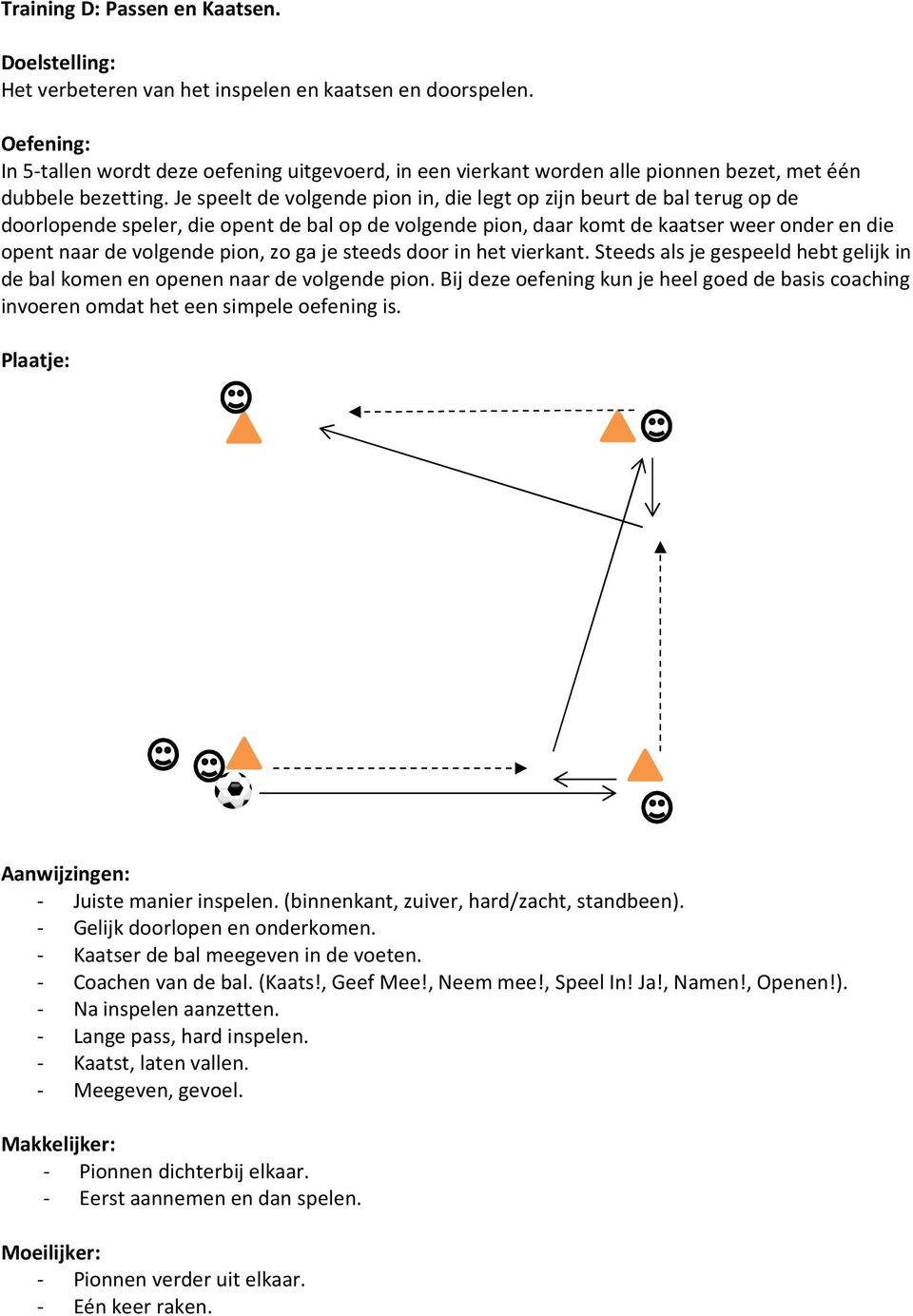 Je speelt de volgende pion in, die legt op zijn beurt de bal terug op de doorlopende speler, die opent de bal op de volgende pion, daar komt de kaatser weer onder en die opent naar de volgende pion,