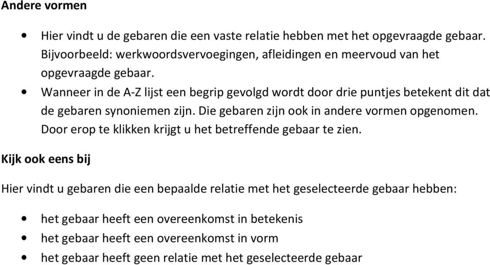 Wanneer in de A-Z lijst een begrip gevolgd wordt door drie puntjes betekent dit dat de gebaren synoniemen zijn. Die gebaren zijn ook in andere vormen opgenomen.