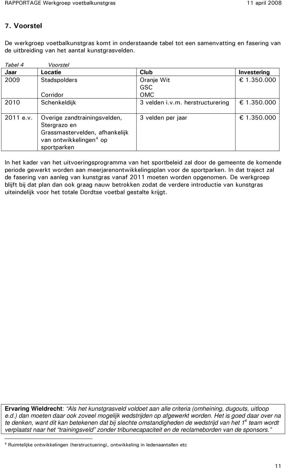 Tabel 4 Voorstel Jaar Locatie Club Investering 2009 Stadspolders Oranje Wit 1.350.000 Corridor GSC OMC 2010 Schenkeldijk 3 velden i.v.m. herstructurering 1.350.000 2011 e.v. Overige zandtrainingsvelden, Stergrazo en Grassmastervelden, afhankelijk van ontwikkelingen 4 op sportparken 3 velden per jaar 1.