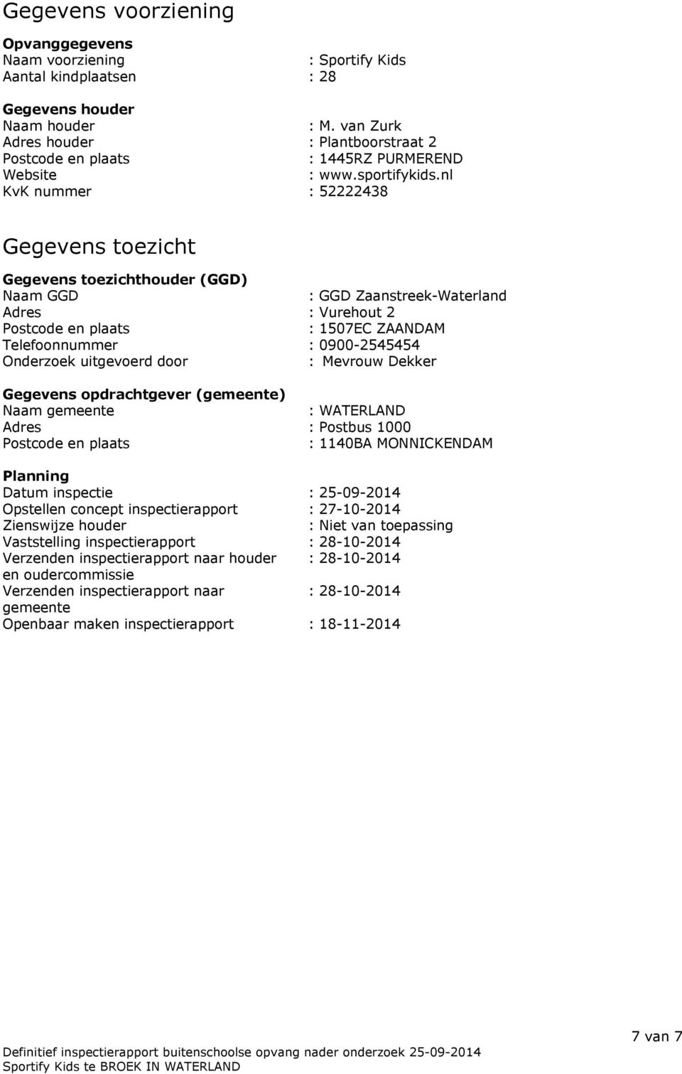 nl KvK nummer : 52222438 Gegevens toezicht Gegevens toezichthouder (GGD) Naam GGD : GGD Zaanstreek-Waterland Adres : Vurehout 2 Postcode en plaats : 1507EC ZAANDAM Telefoonnummer : 0900-2545454