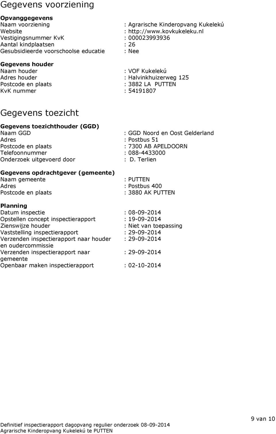 plaats : 3882 LA PUTTEN KvK nummer : 54191807 Gegevens toezicht Gegevens toezichthouder (GGD) Naam GGD : GGD Noord en Oost Gelderland Adres : Postbus 51 Postcode en plaats : 7300 AB APELDOORN