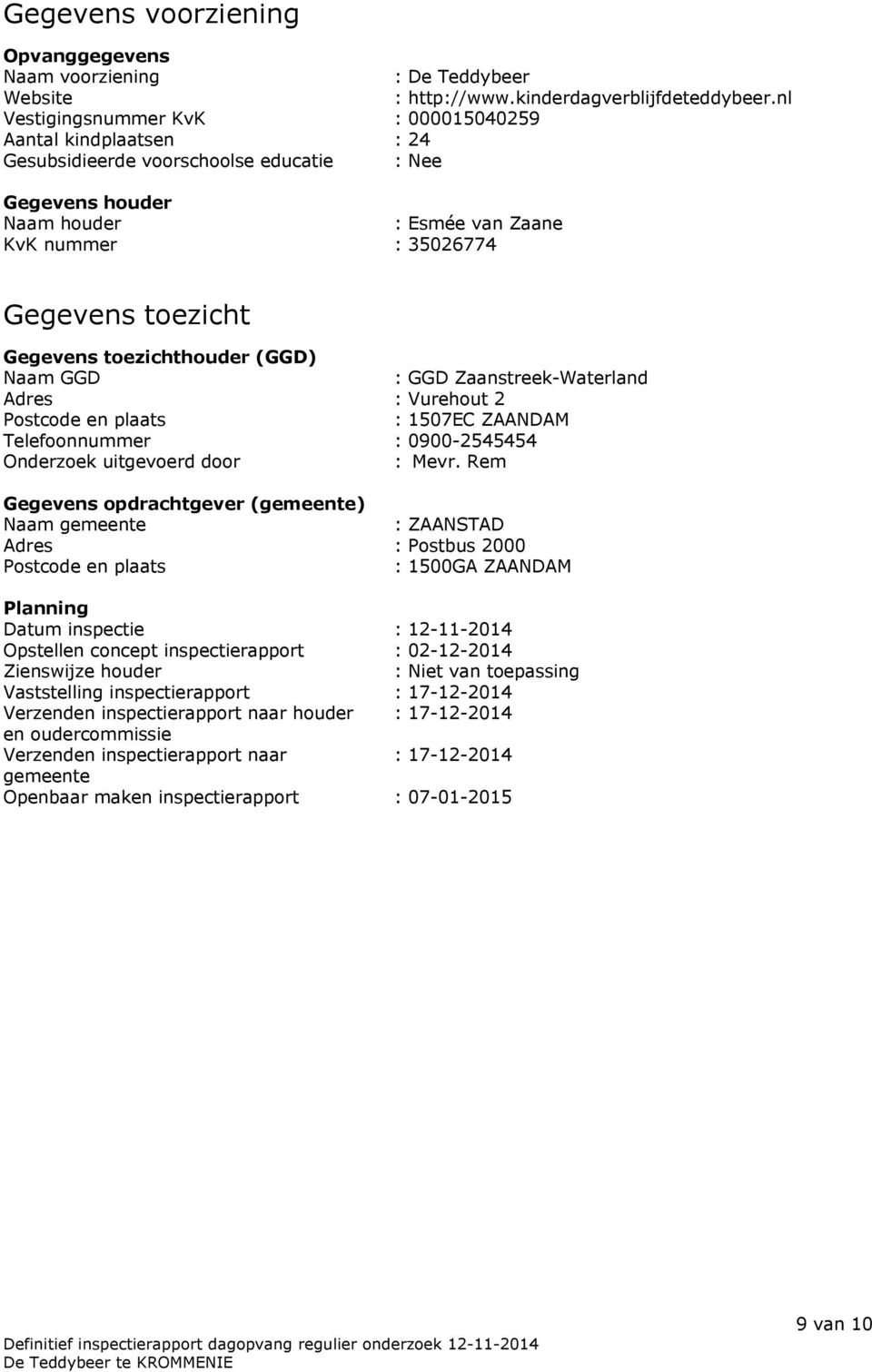 Gegevens toezichthouder (GGD) Naam GGD : GGD Zaanstreek-Waterland Adres : Vurehout 2 Postcode en plaats : 1507EC ZAANDAM Telefoonnummer : 0900-2545454 Onderzoek uitgevoerd door : Mevr.