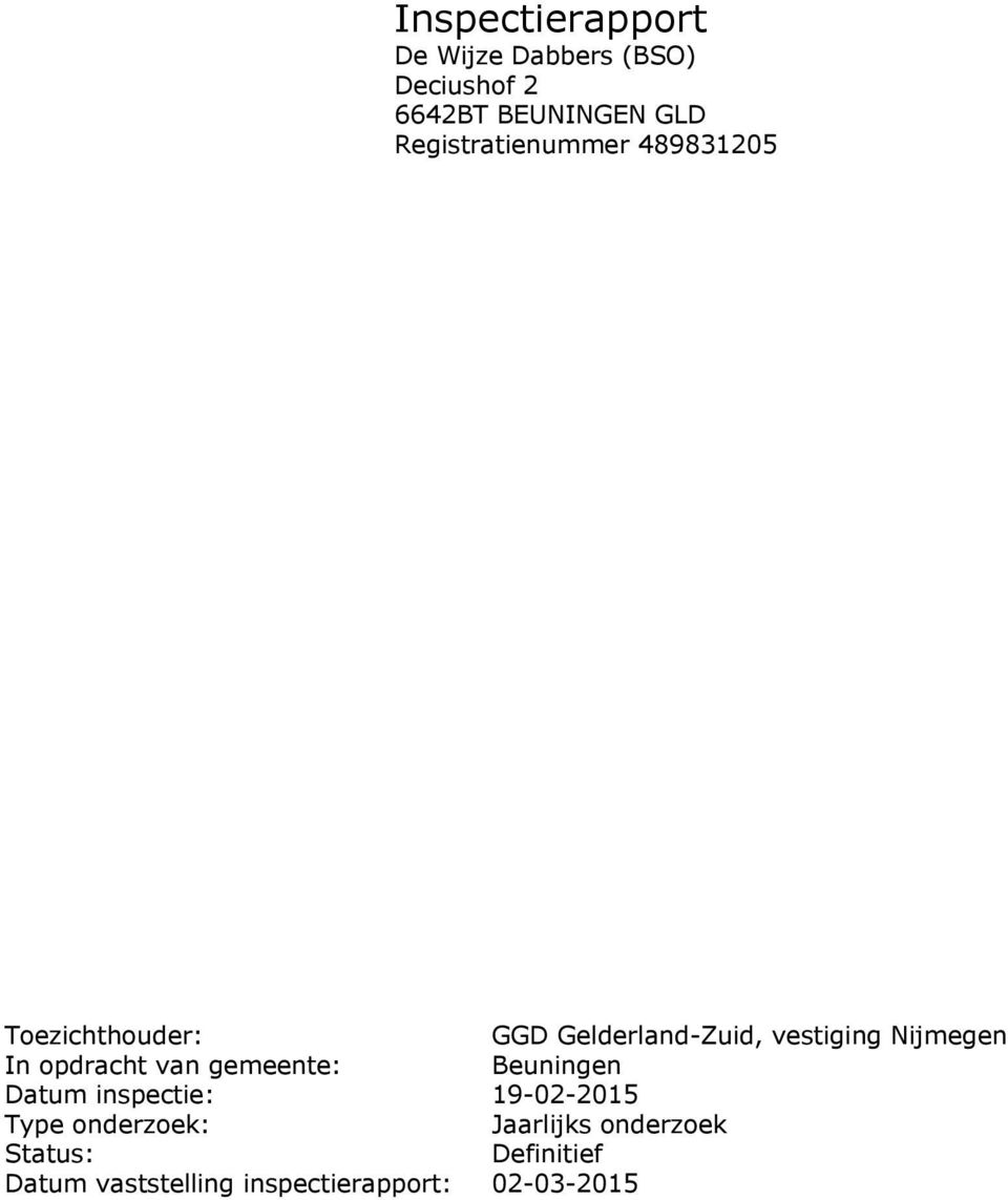 Nijmegen In opdracht van gemeente: Beuningen Datum inspectie: 19-02-2015 Type