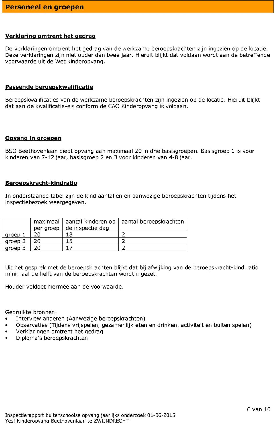 Hieruit blijkt dat aan de kwalificatie-eis conform de CAO Kinderopvang is voldaan. Opvang in groepen BSO Beethovenlaan biedt opvang aan maximaal 20 in drie basisgroepen.