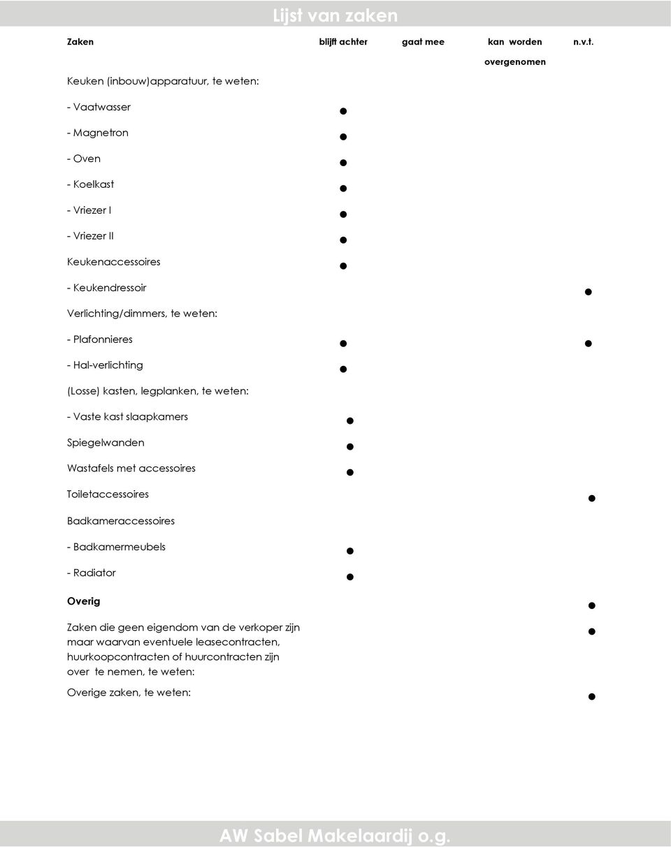 achter gaat mee kan worden n.v.t. overgenomen Keuken (inbouw)apparatuur, te weten: - Vaatwasser - Magnetron - Oven - Koelkast - Vriezer I - Vriezer II