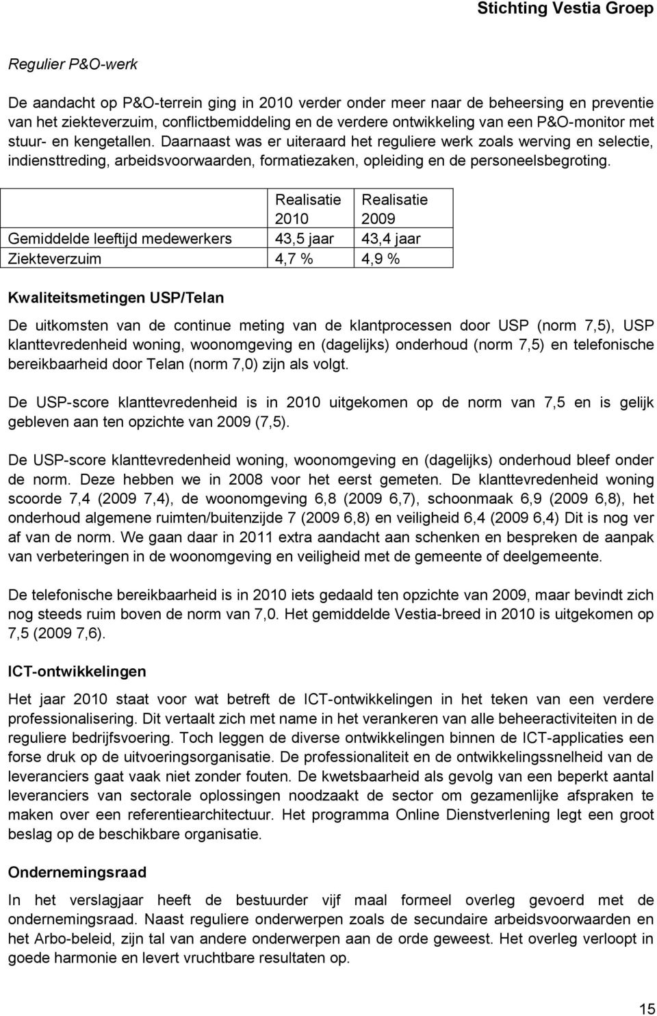 Realisatie 2010 Realisatie 2009 Gemiddelde leeftijd medewerkers 43,5 jaar 43,4 jaar Ziekteverzuim 4,7 % 4,9 % Kwaliteitsmetingen USP/Telan De uitkomsten van de continue meting van de klantprocessen