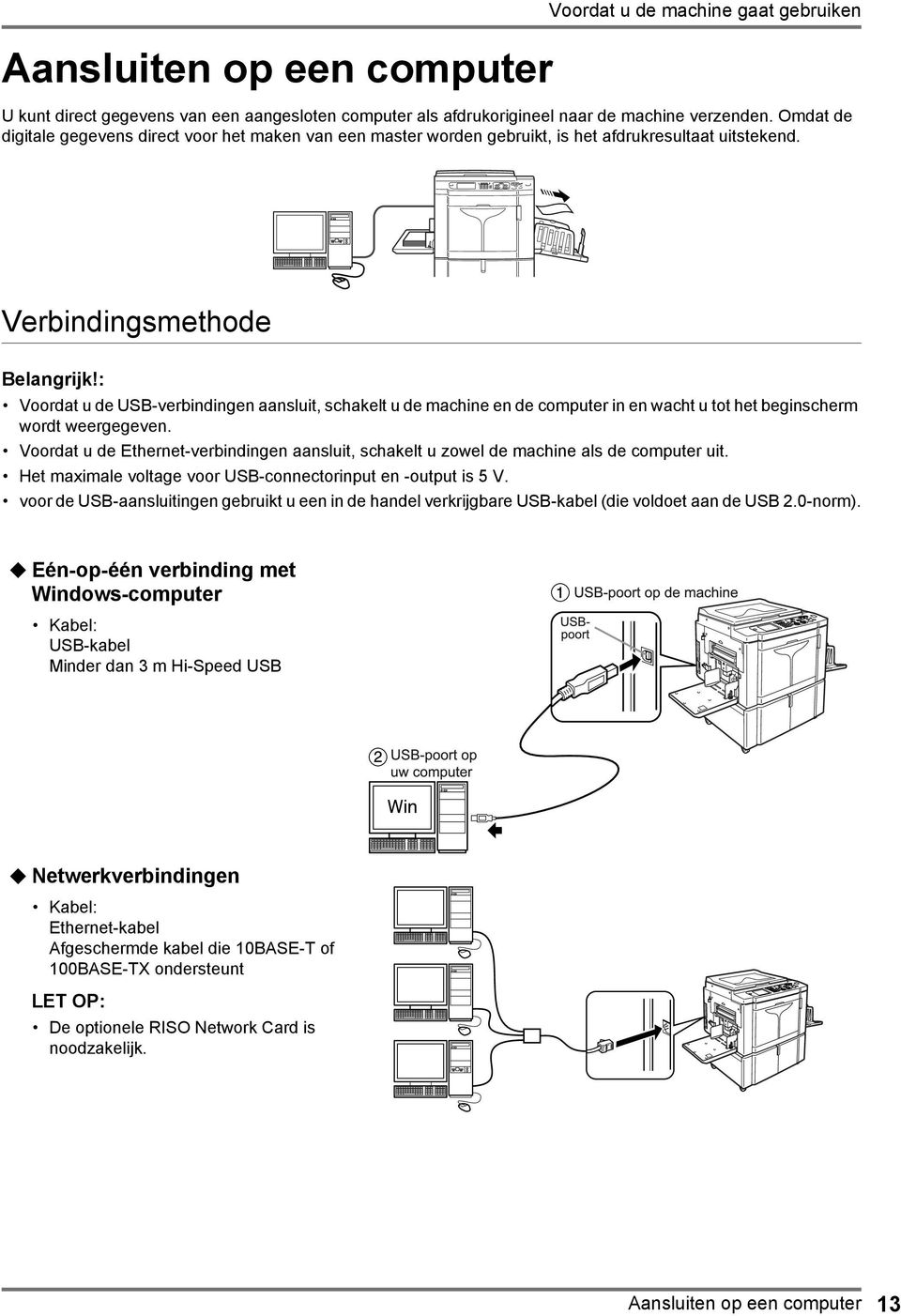 : Voordat u de USB-verbindingen aansluit, schakelt u de machine en de computer in en wacht u tot het beginscherm wordt weergegeven.