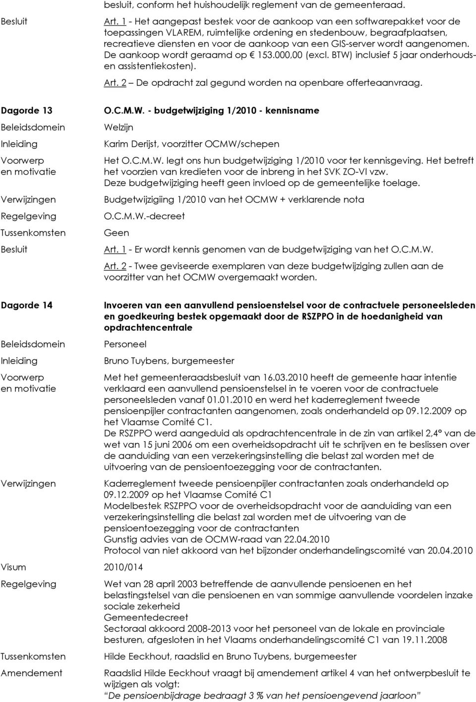 Dagorde 13 O.C.M.W. - budgetwijziging 1/2010 - kennisname Welzijn Karim Derijst, voorzitter OCMW/schepen Het O.C.M.W. legt ons hun budgetwijziging 1/2010 voor ter kennisgeving.