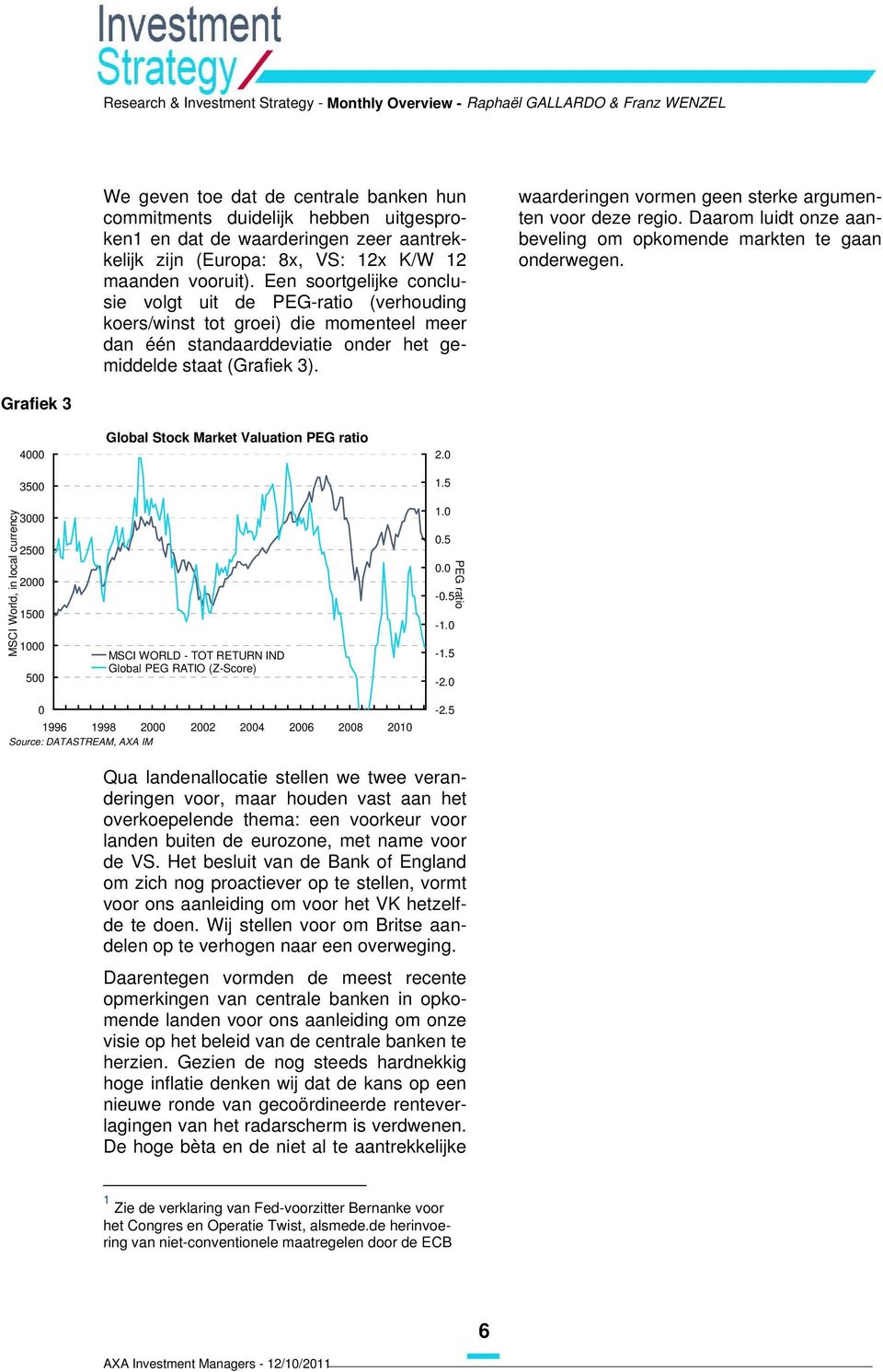 waarderingen vormen geen sterke argumenten voor deze regio. Daarom luidt onze aanbeveling om opkomende markten te gaan onderwegen. Grafiek 3 4000 3500 Global Stock Market Valuation PEG ratio 2.0 1.