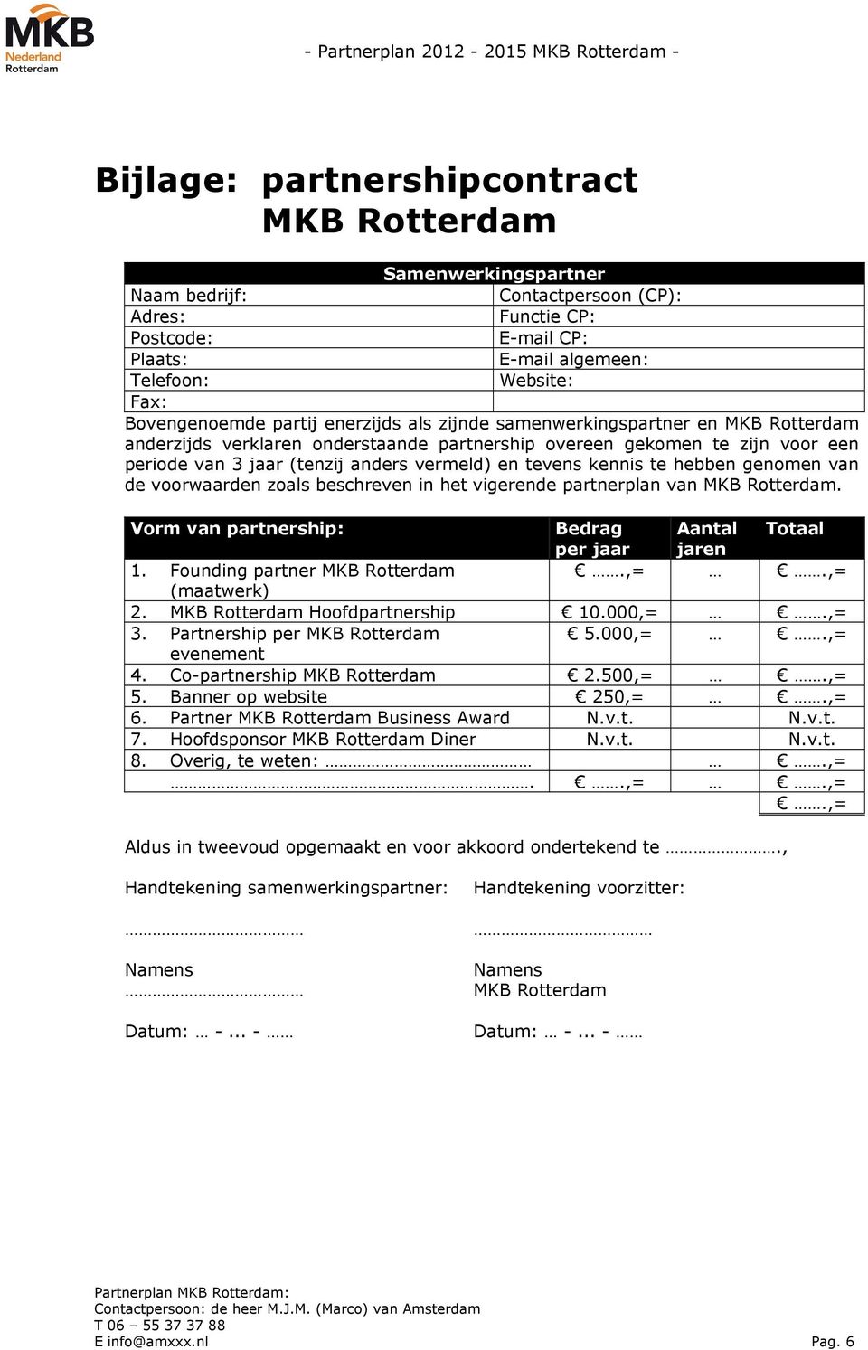 vermeld) en tevens kennis te hebben genomen van de voorwaarden zoals beschreven in het vigerende partnerplan van MKB Rotterdam. Vorm van partnership: Bedrag Aantal Totaal per jaar jaren 1.