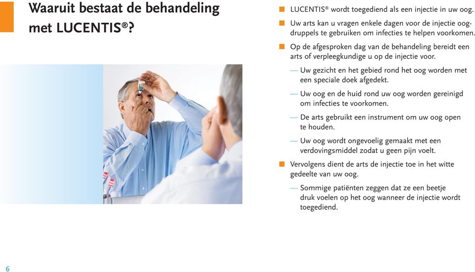 Op de afgesproken dag van de behandeling bereidt een arts of verpleegkundige u op de injectie voor. Uw gezicht en het gebied rond het oog worden met een speciale doek afgedekt.