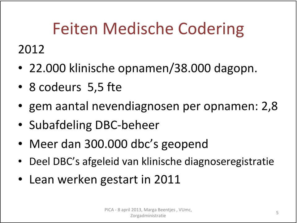 8 codeurs 5,5 fte gem aantal nevendiagnosen per opnamen: 2,8