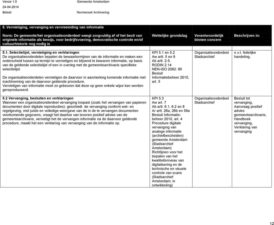 Selectielijst, vernietiging en verklaringen De organisatieonderdelen bepalen de bewaartermijnen van de informatie en maken een onderscheid tussen op termijn te vernietigen en blijvend te bewaren