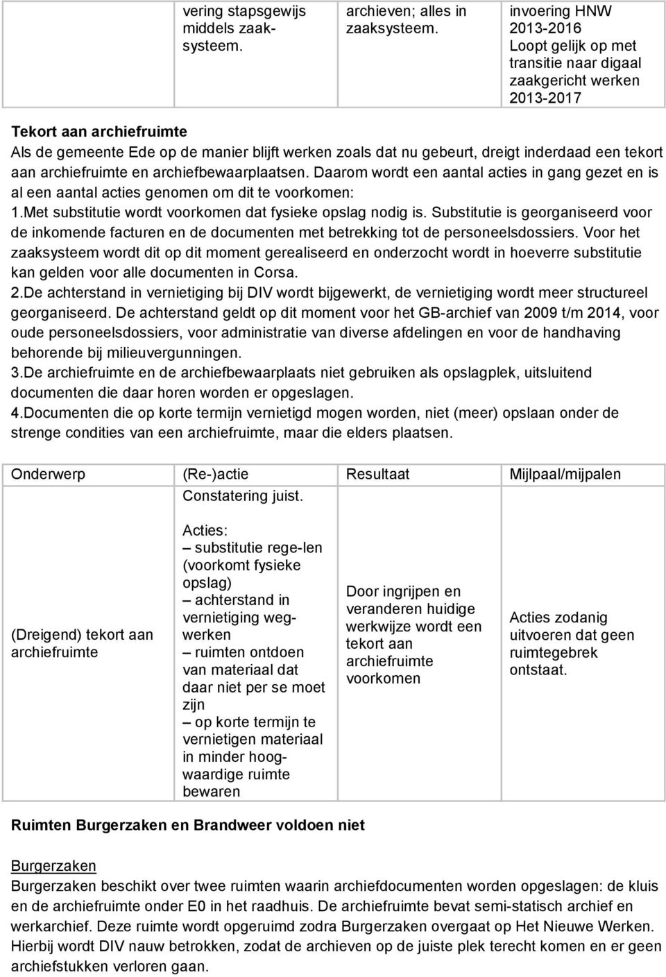 inderdaad een tekort aan archiefruimte en archiefbewaarplaatsen. Daarom wordt een aantal acties in gang gezet en is al een aantal acties genomen om dit te voorkomen: 1.