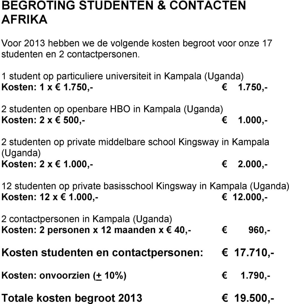 000,- 2 studenten op private middelbare school Kingsway in Kampala (Uganda) Kosten: 2 x 1.000,- 2.000,- 12 studenten op private basisschool Kingsway in Kampala (Uganda) Kosten: 12 x 1.