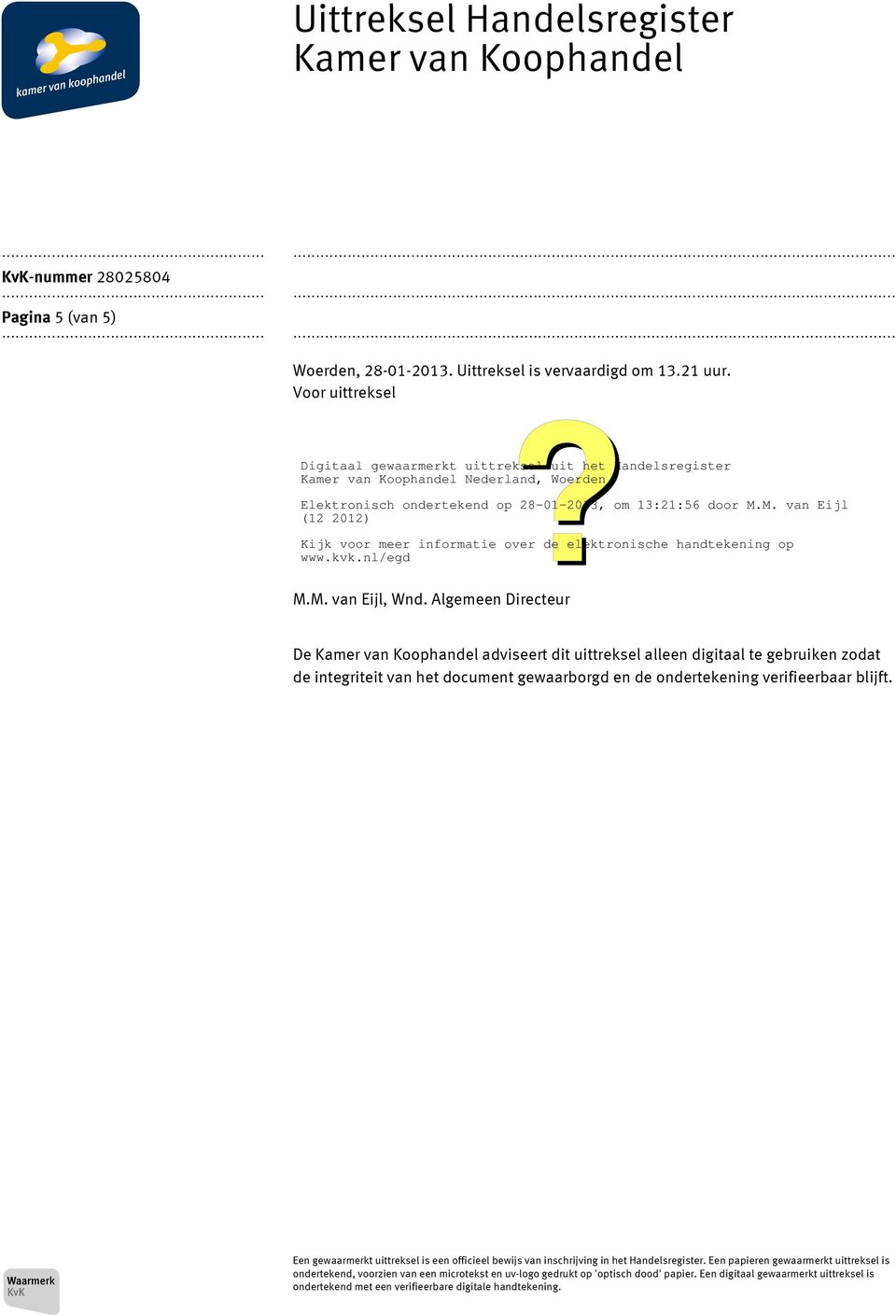 Uittreksel Handelsregister Pagina 5 (van 5) Woerden, 28-01-2013. Uittreksel is vervaardigd om 13.21 uur. Voor uittreksel M.