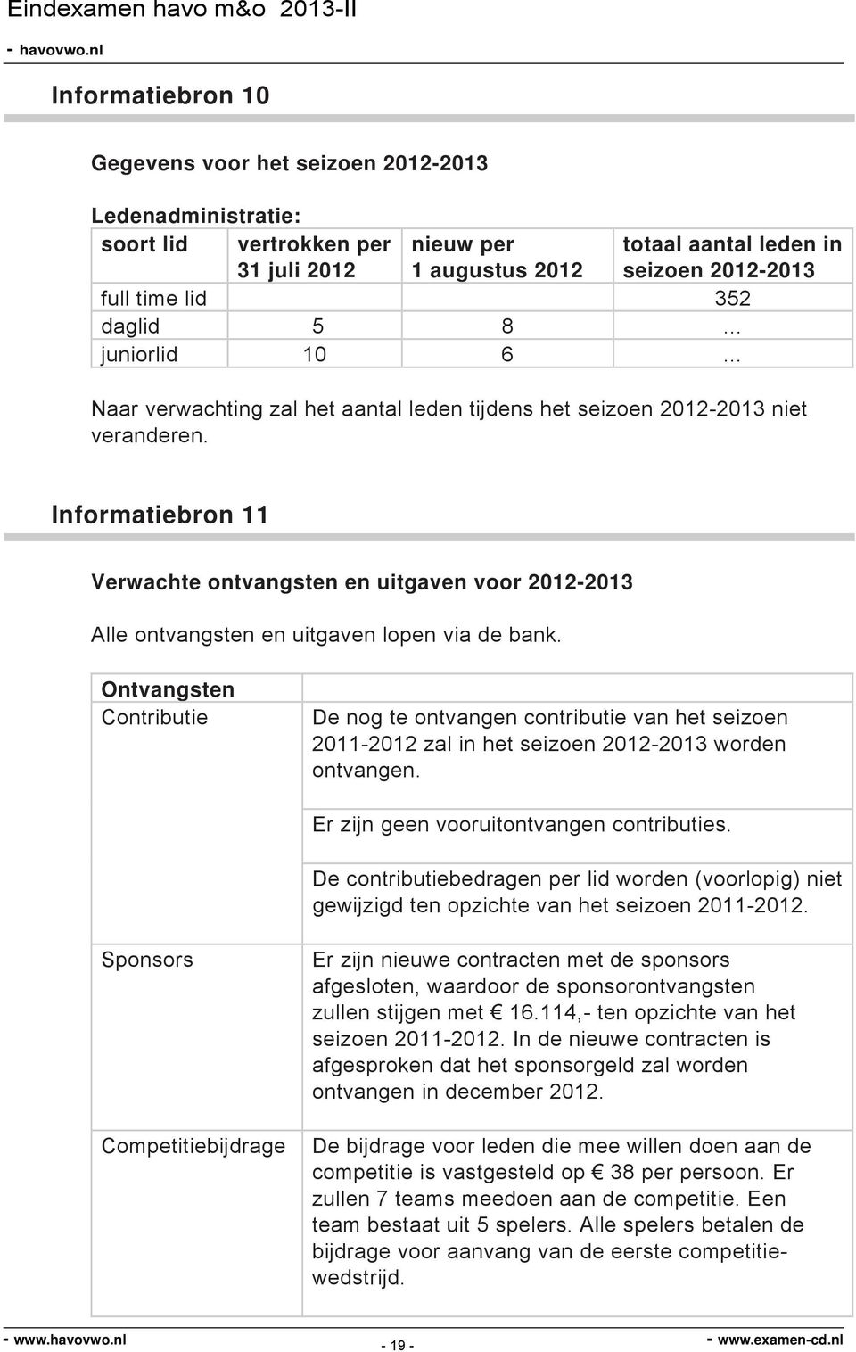 Informatiebron 11 Verwachte ontvangsten en uitgaven voor 2012-2013 Alle ontvangsten en uitgaven lopen via de bank.