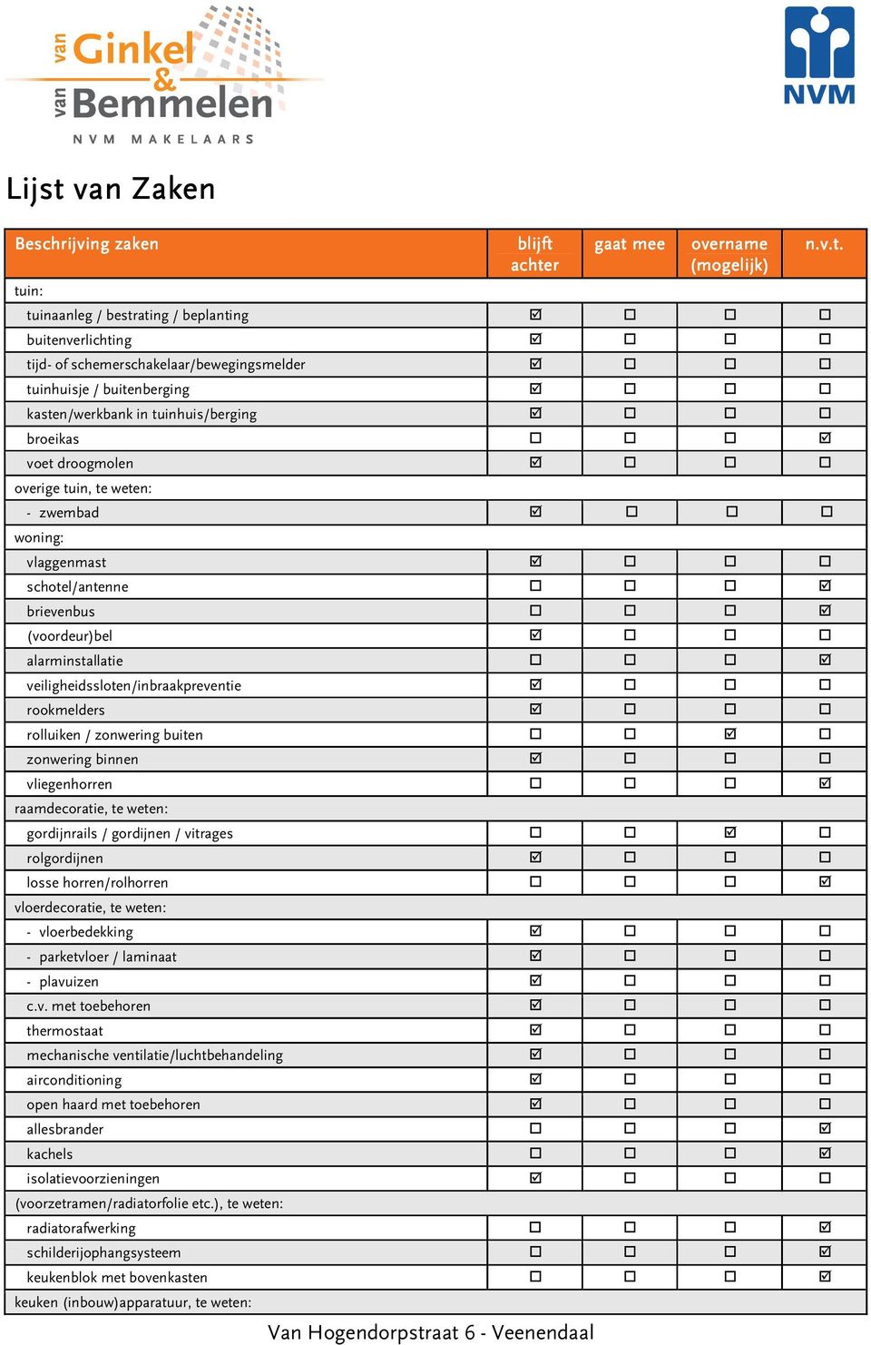 gaat mee overname n.v.t. achter (mogelijk) tuin: tuinaanleg / bestrating / beplanting buitenverlichting tijd- of schemerschakelaar/bewegingsmelder tuinhuisje / buitenberging kasten/werkbank in