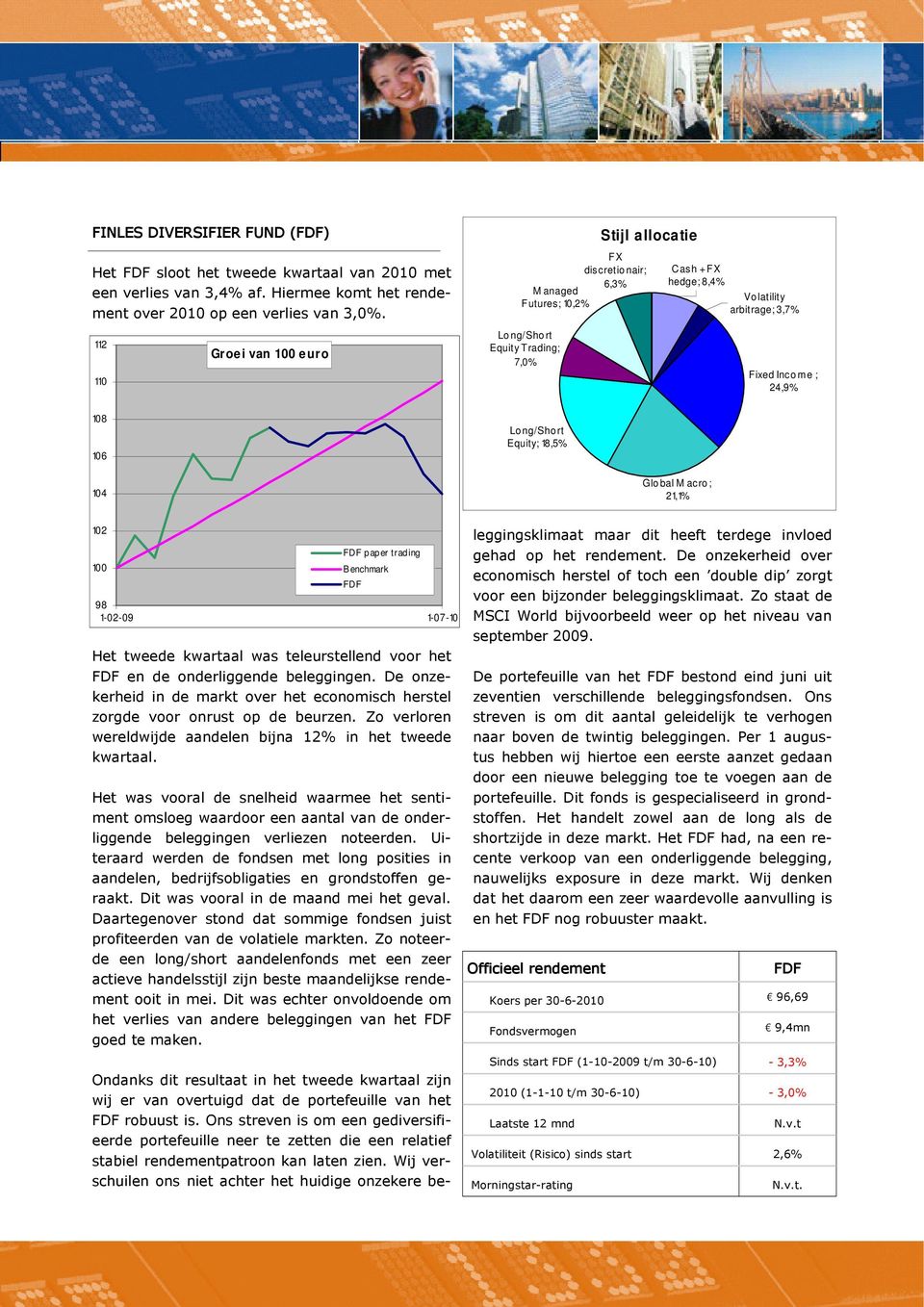 108 106 104 Lo ng/sho rt Equity; 18,5% Glo bal M acro ; 21,1% 102 100 FDF paper trading B enchmark 98 1-02-09 1-07-10 Het tweede kwartaal was teleurstellend voor het FDF en de onderliggende