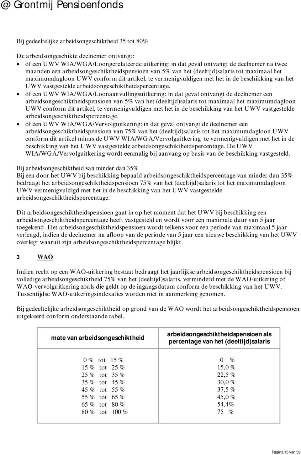 arbeidsongeschiktheidspercentage. óf een UWV WIA/WGA/Loonaanvullingsuitkering: in dat geval ontvangt de deelnemer een  arbeidsongeschiktheidspercentage.