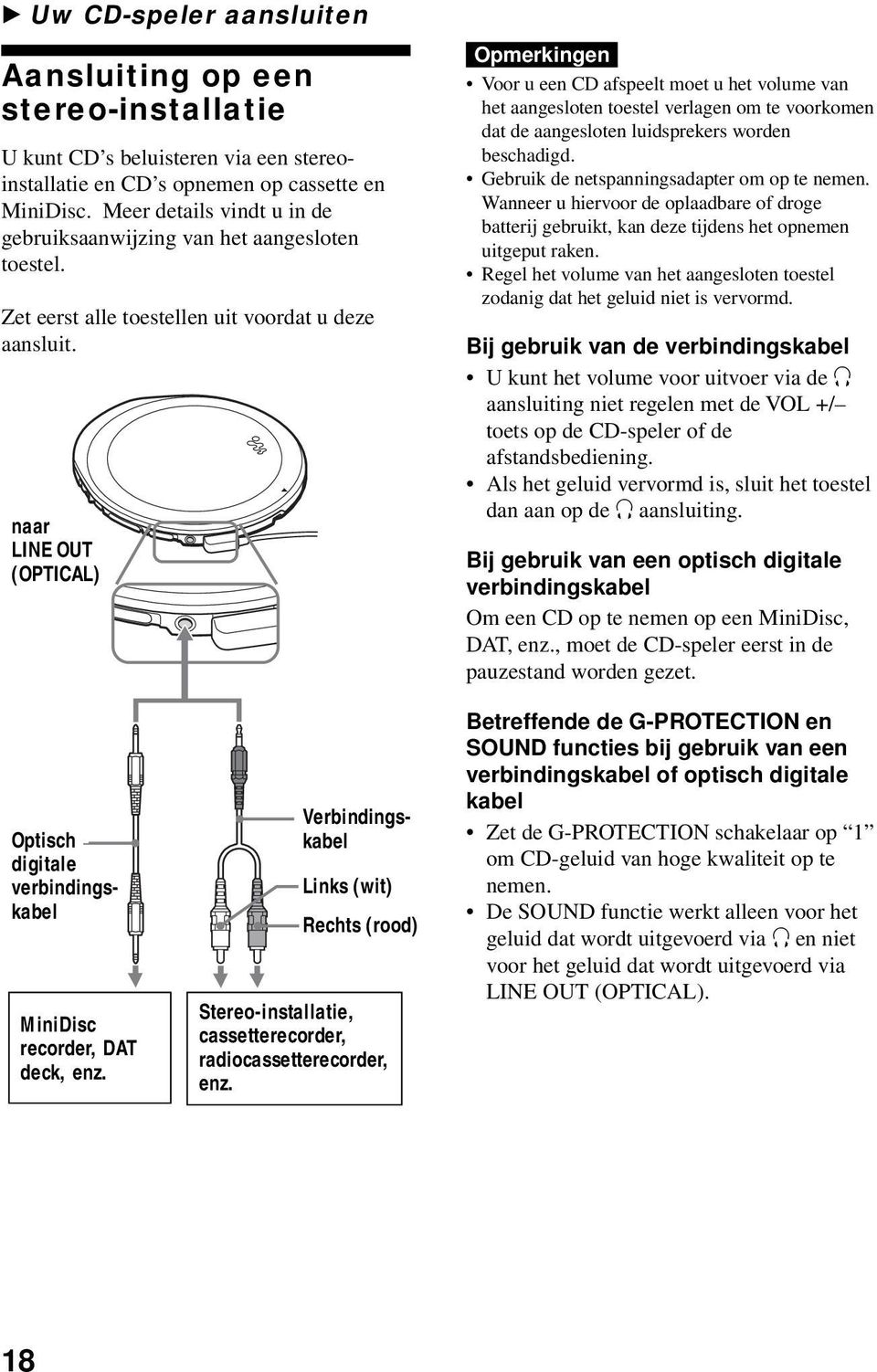 naar LINE OUT (OPTICAL) Opmerkingen Voor u een CD afspeelt moet u het volume van het aangesloten toestel verlagen om te voorkomen dat de aangesloten luidsprekers worden beschadigd.