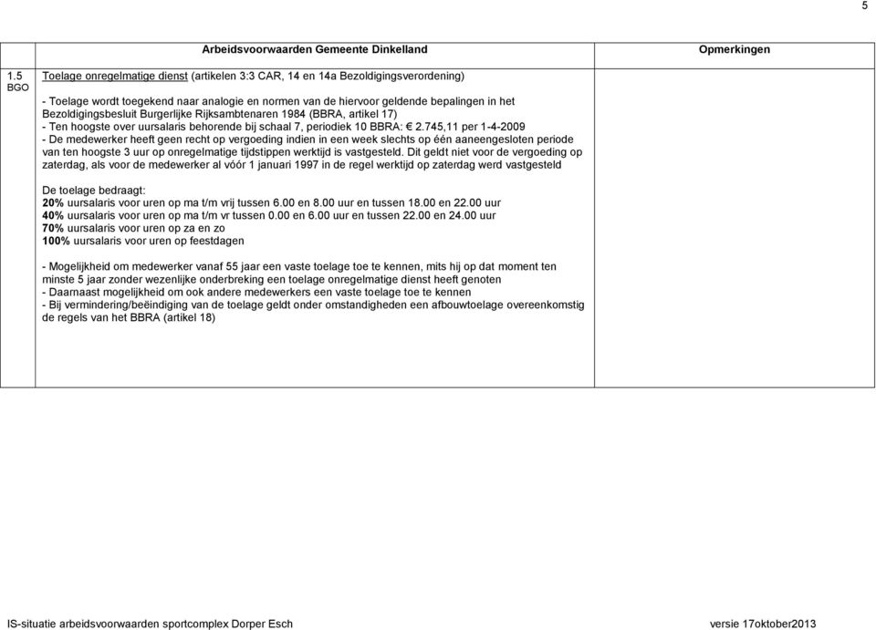 745,11 per 1-4-2009 - De medewerker heeft geen recht op vergoeding indien in een week slechts op één aaneengesloten periode van ten hoogste 3 uur op onregelmatige tijdstippen werktijd is vastgesteld.