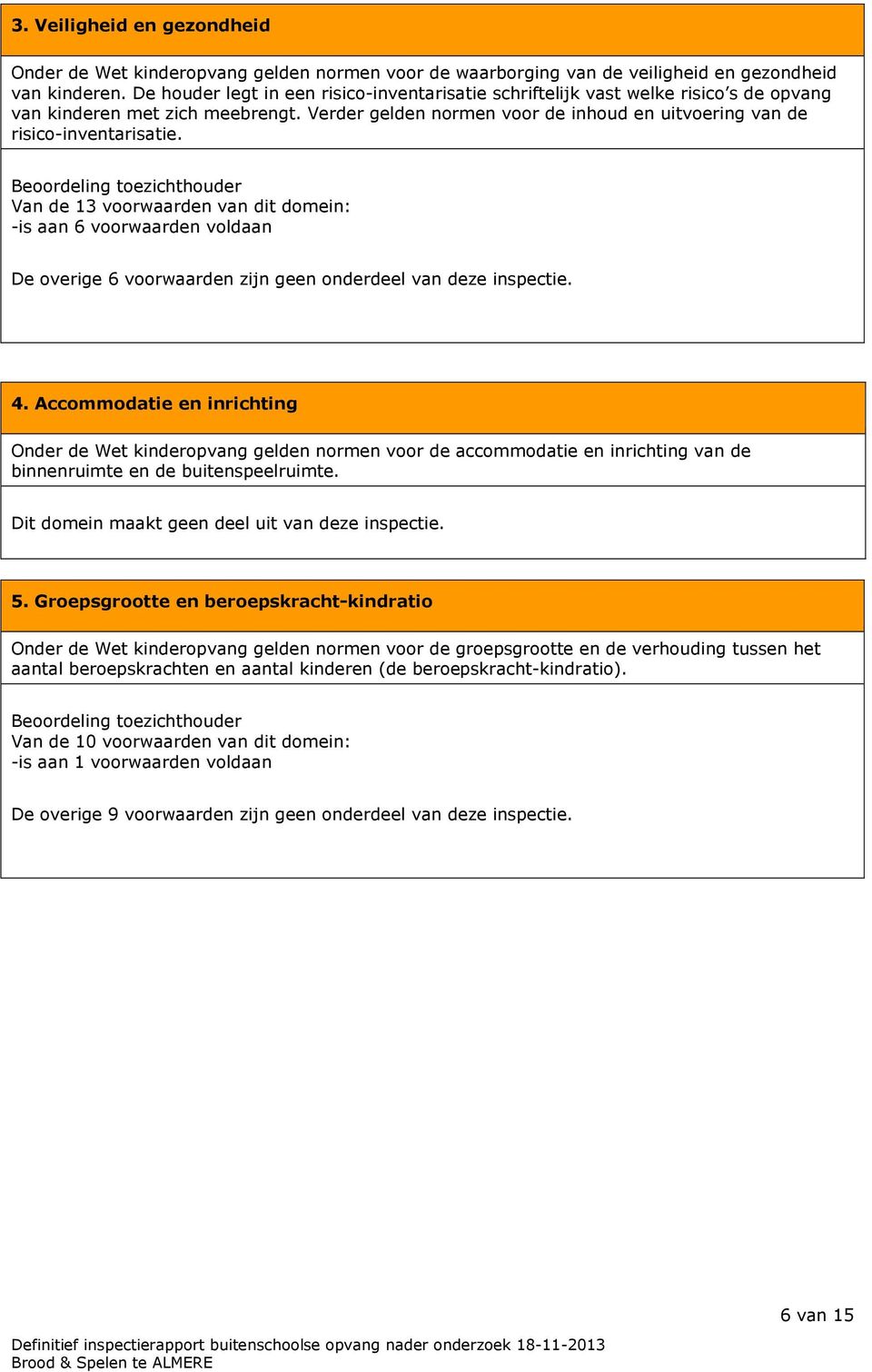 Beoordeling toezichthouder Van de 13 voorwaarden van dit domein: -is aan 6 voorwaarden voldaan De overige 6 voorwaarden zijn geen onderdeel van deze inspectie. 4.