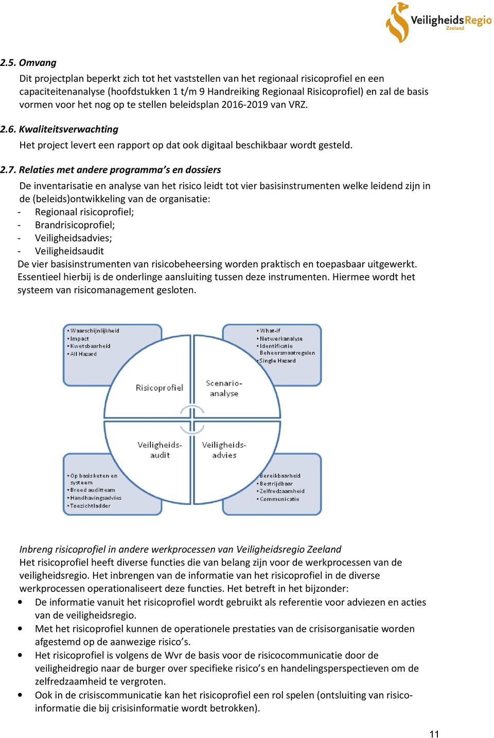 Relaties met andere programma s en dossiers De inventarisatie en analyse van het risico leidt tot vier basisinstrumenten welke leidend zijn in de (beleids)ontwikkeling van de organisatie: - Regionaal