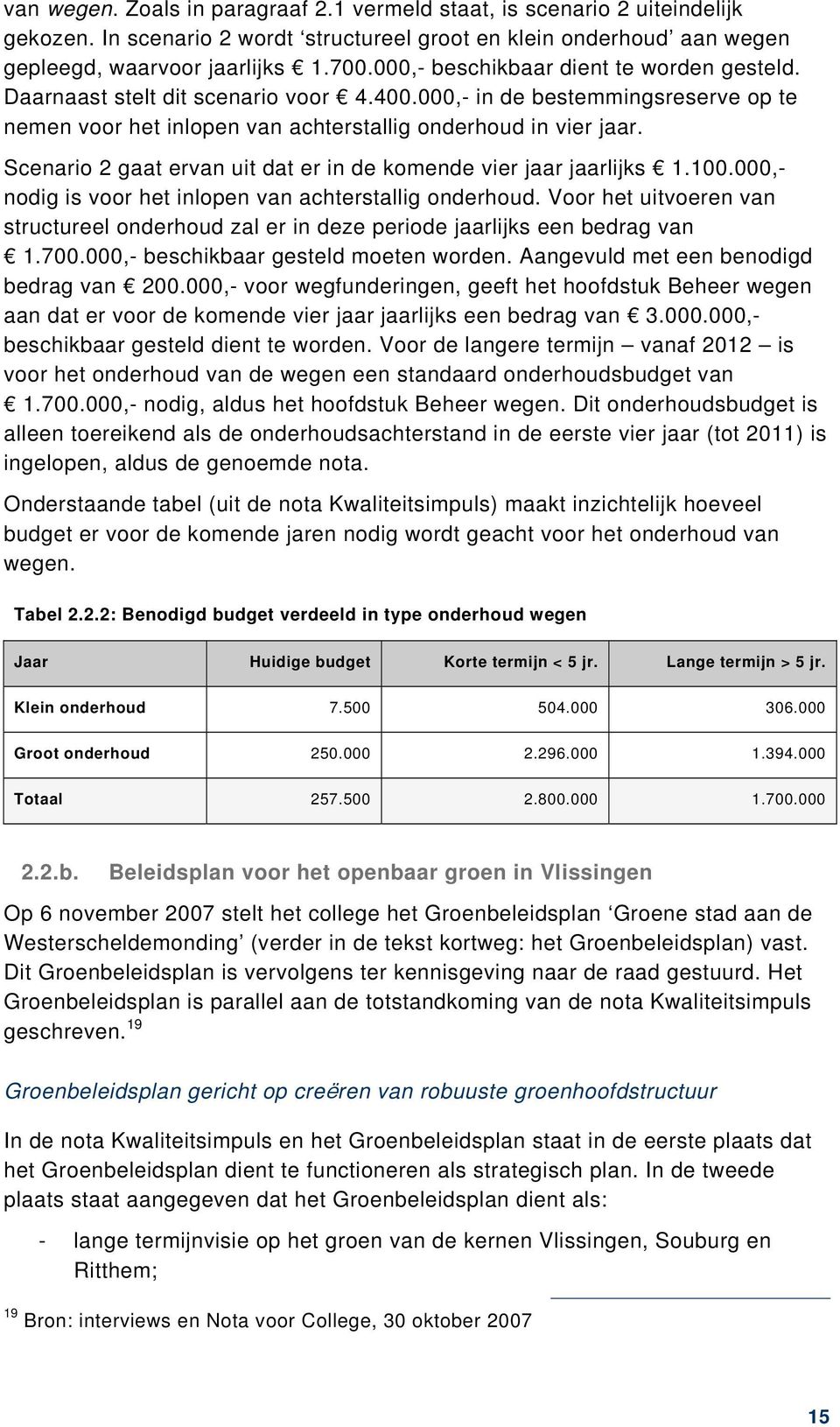 Scenario 2 gaat ervan uit dat er in de komende vier jaar jaarlijks 1.100.000,- nodig is voor het inlopen van achterstallig onderhoud.