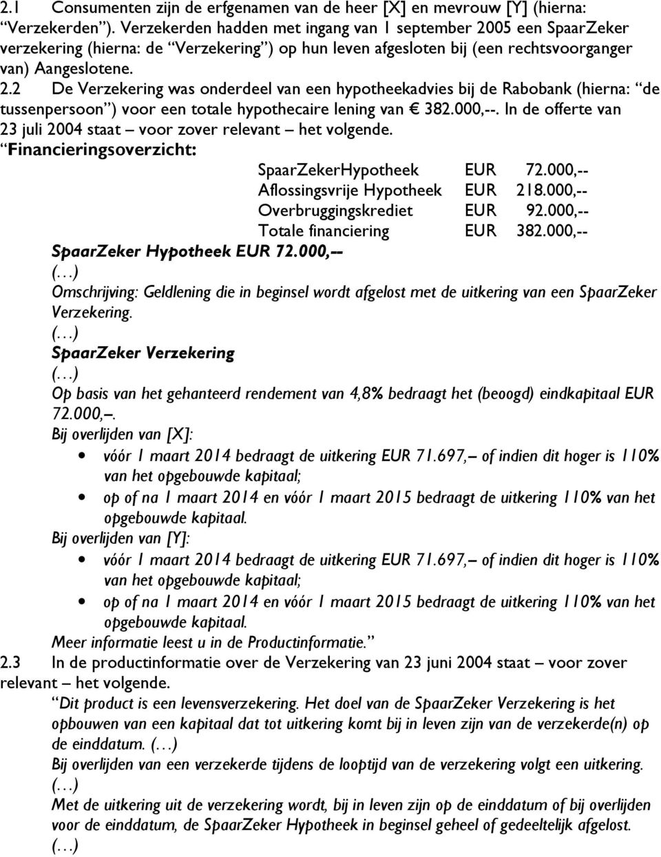 000,--. In de offerte van 23 juli 2004 staat voor zover relevant het volgende. Financieringsoverzicht: SpaarZekerHypotheek EUR 72.000,-- Aflossingsvrije Hypotheek EUR 218.