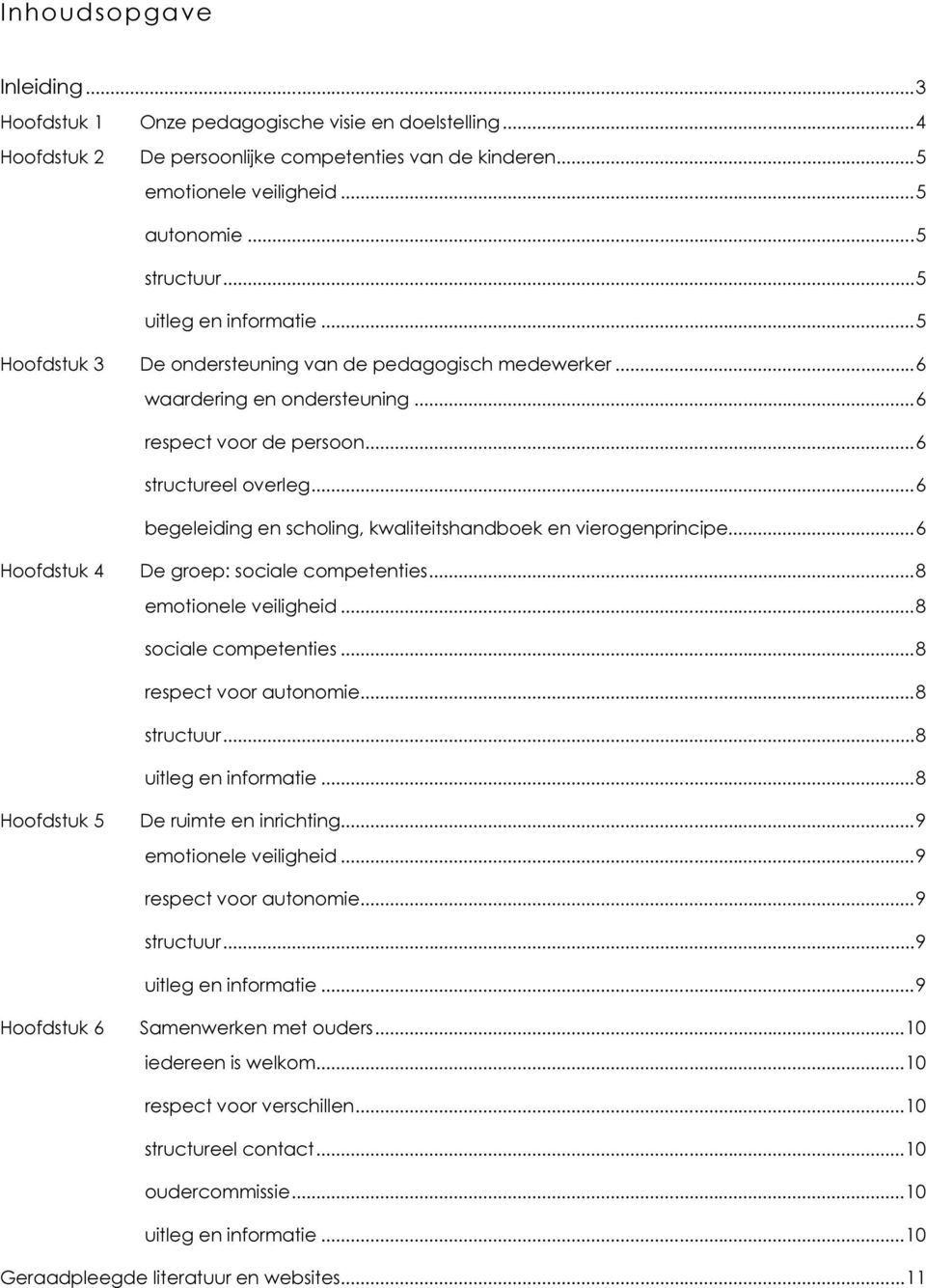 .. 6 begeleiding en scholing, kwaliteitshandboek en vierogenprincipe... 6 Hoofdstuk 4 De groep: sociale competenties... 8 emotionele veiligheid... 8 sociale competenties... 8 respect voor autonomie.