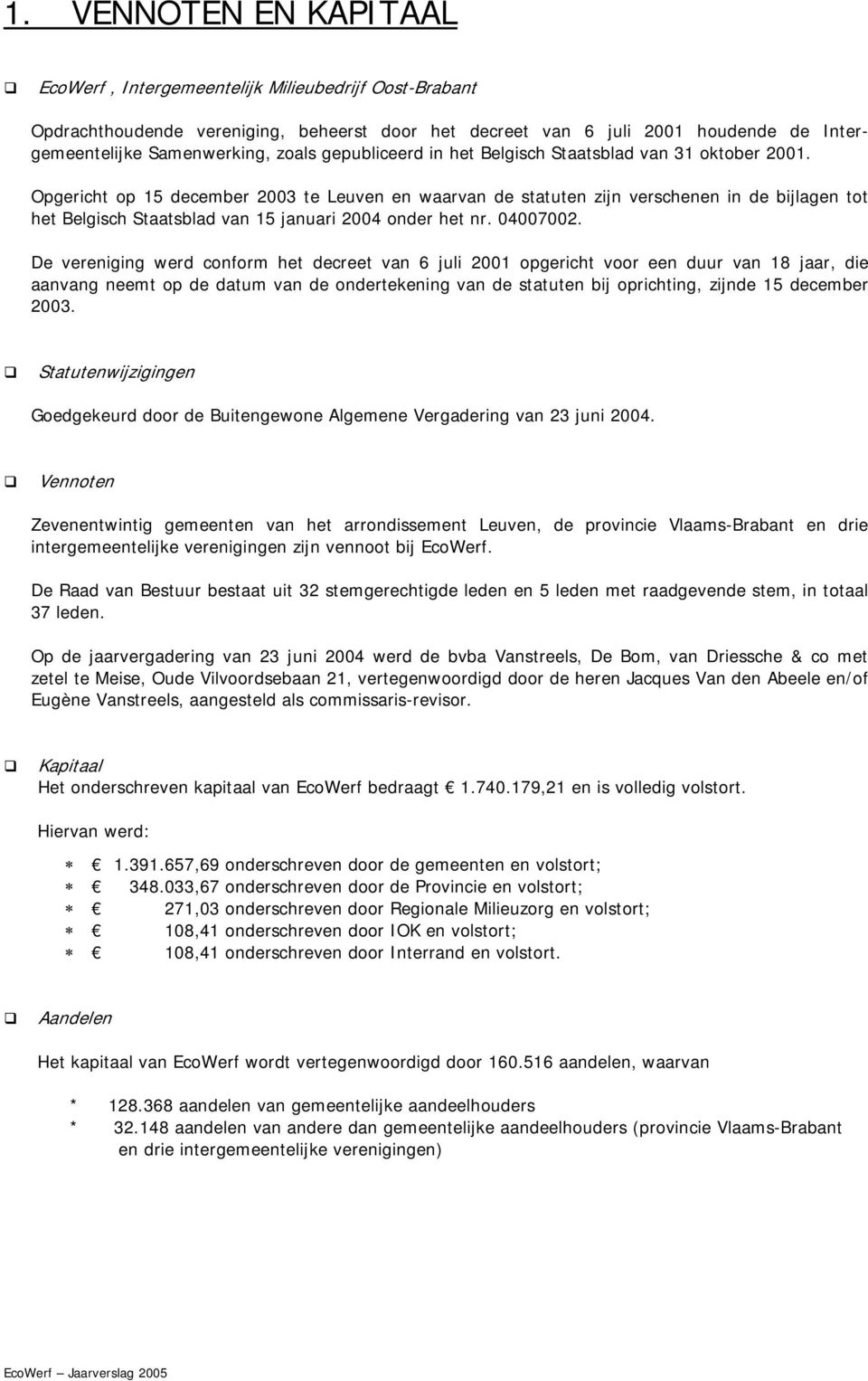 Opgericht op 15 december 2003 te Leuven en waarvan de statuten zijn verschenen in de bijlagen tot het Belgisch Staatsblad van 15 januari 2004 onder het nr. 04007002.