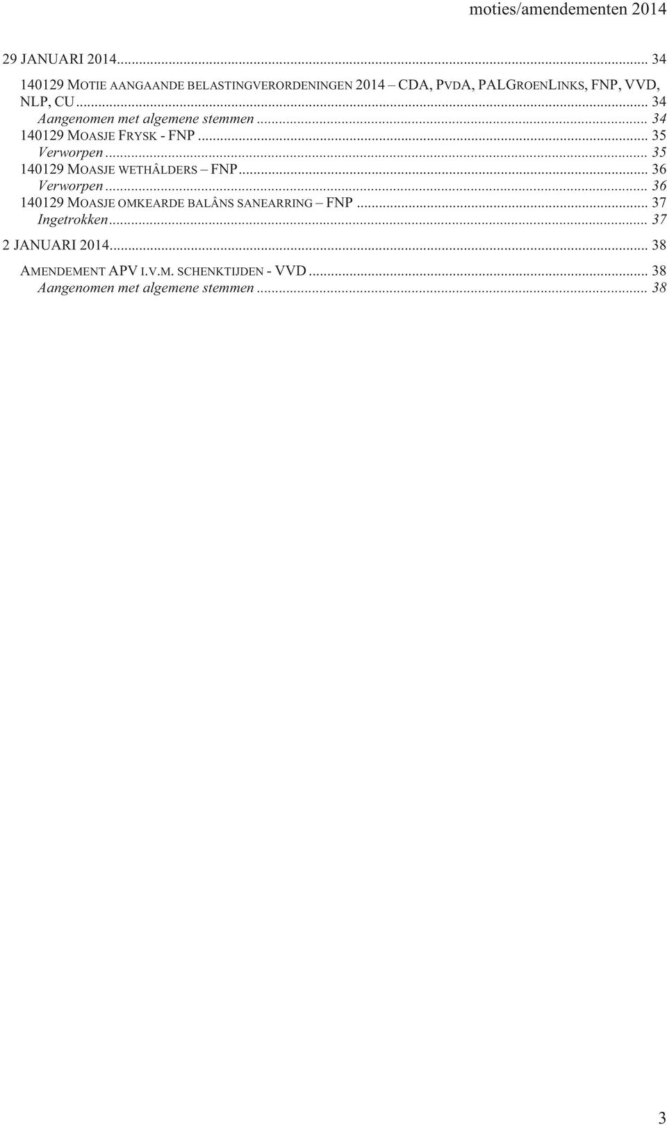 .. 34 Aangenomen met algemene stemmen... 34 140129 MOASJE FRYSK - FNP... 35 Verworpen.