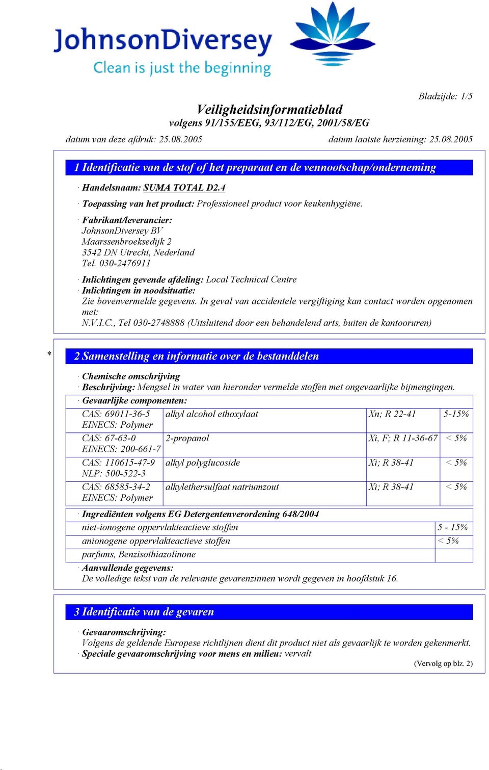 030-2476911 Inlichtingen gevende afdeling: Local Technical Centre Inlichtingen in noodsituatie: Zie bovenvermelde gegevens. In geval van accidentele vergiftiging kan contact worden opgenomen met: N.V.