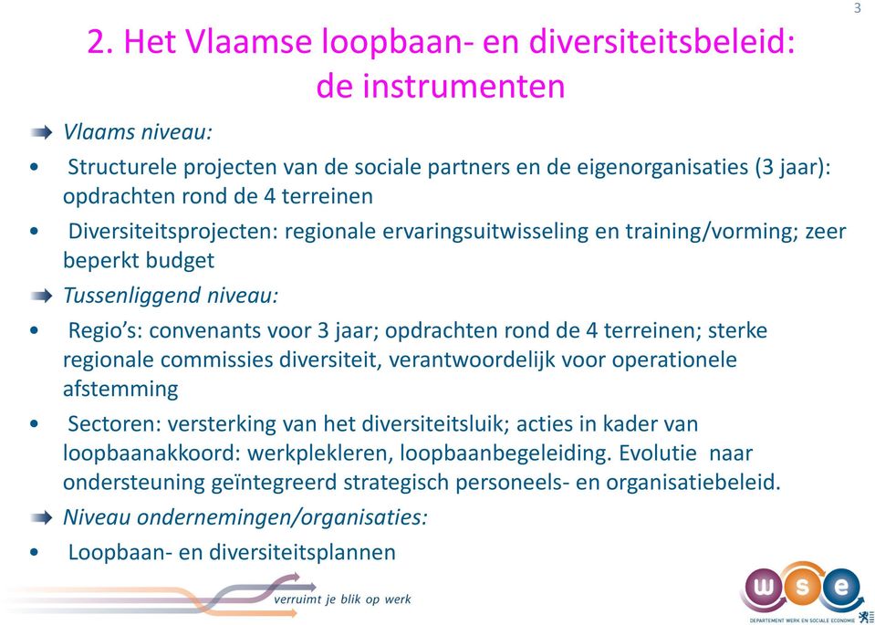 terreinen; sterke regionale commissies diversiteit, verantwoordelijk voor operationele afstemming Sectoren: versterking van het diversiteitsluik; acties in kader van loopbaanakkoord: