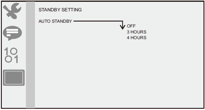 Instellingenmenu Audio-instellingenpagina De functie wordt gebruik om de standby-instelling te selecteren: OFF,